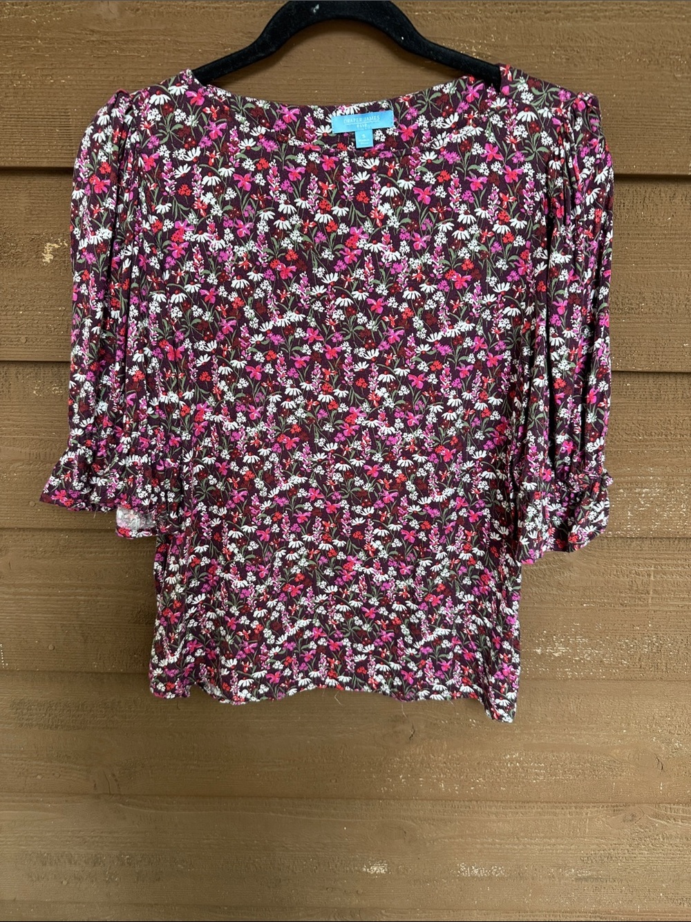 Draper James Brown Floral Puff Sleeve Blouse with Pink & White Flowers size S